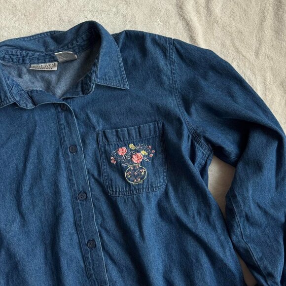 Denim Button Down Top with Floral Embroidery - Picture 1 of 5